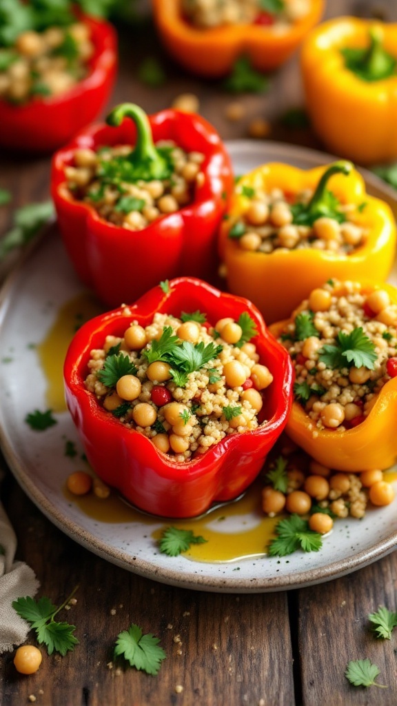 Vibrant Mediterranean stuffed peppers filled with quinoa and chickpeas on a rustic wooden table.